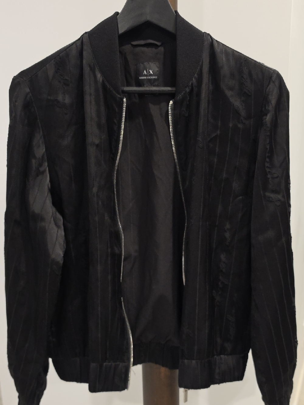 A/X Armani Exchange Black Satin Pinstripe Bomber Jacket